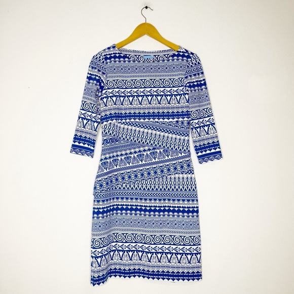 J.McLaughlin Blue White Geometric Print Dress Size Small | 3/4 Sleeve - Picture 1 of 6